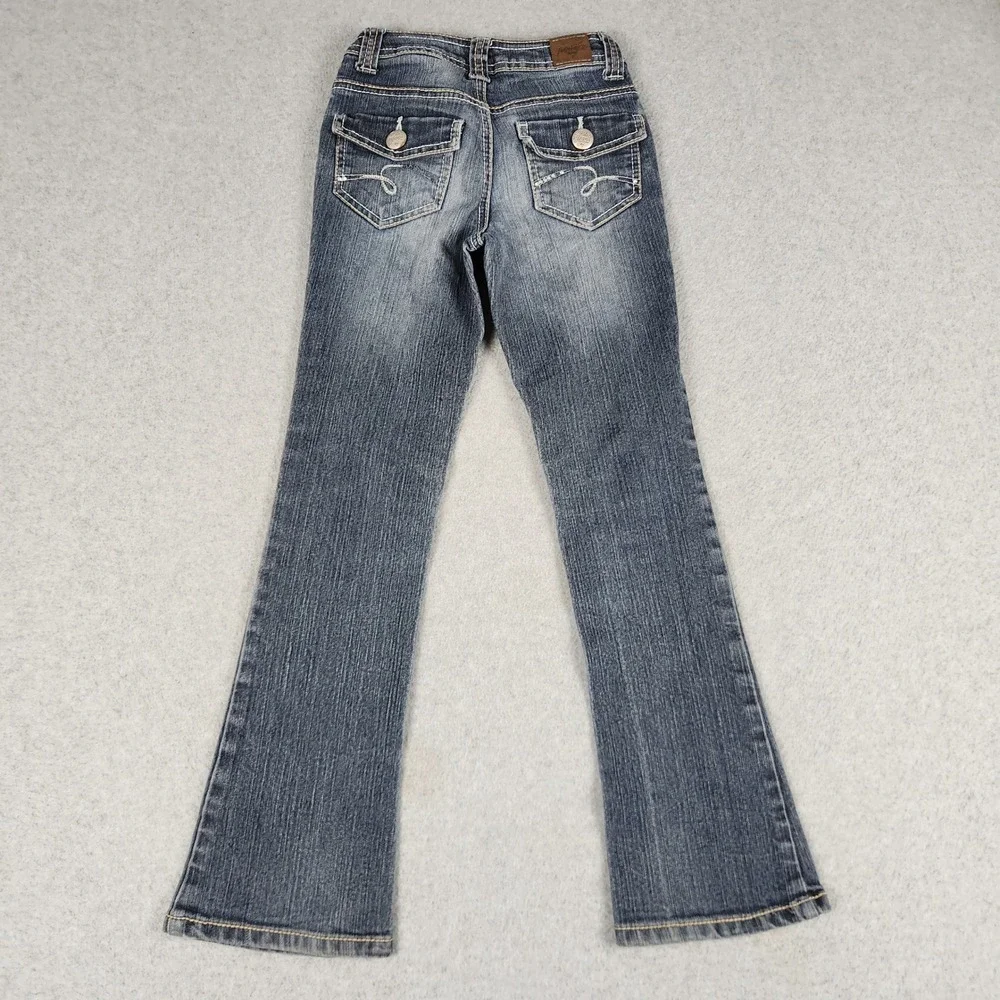 Justice Jeans Girls 8S Blue Denim Whiskering Distressed Flap Pocket Flared Leg